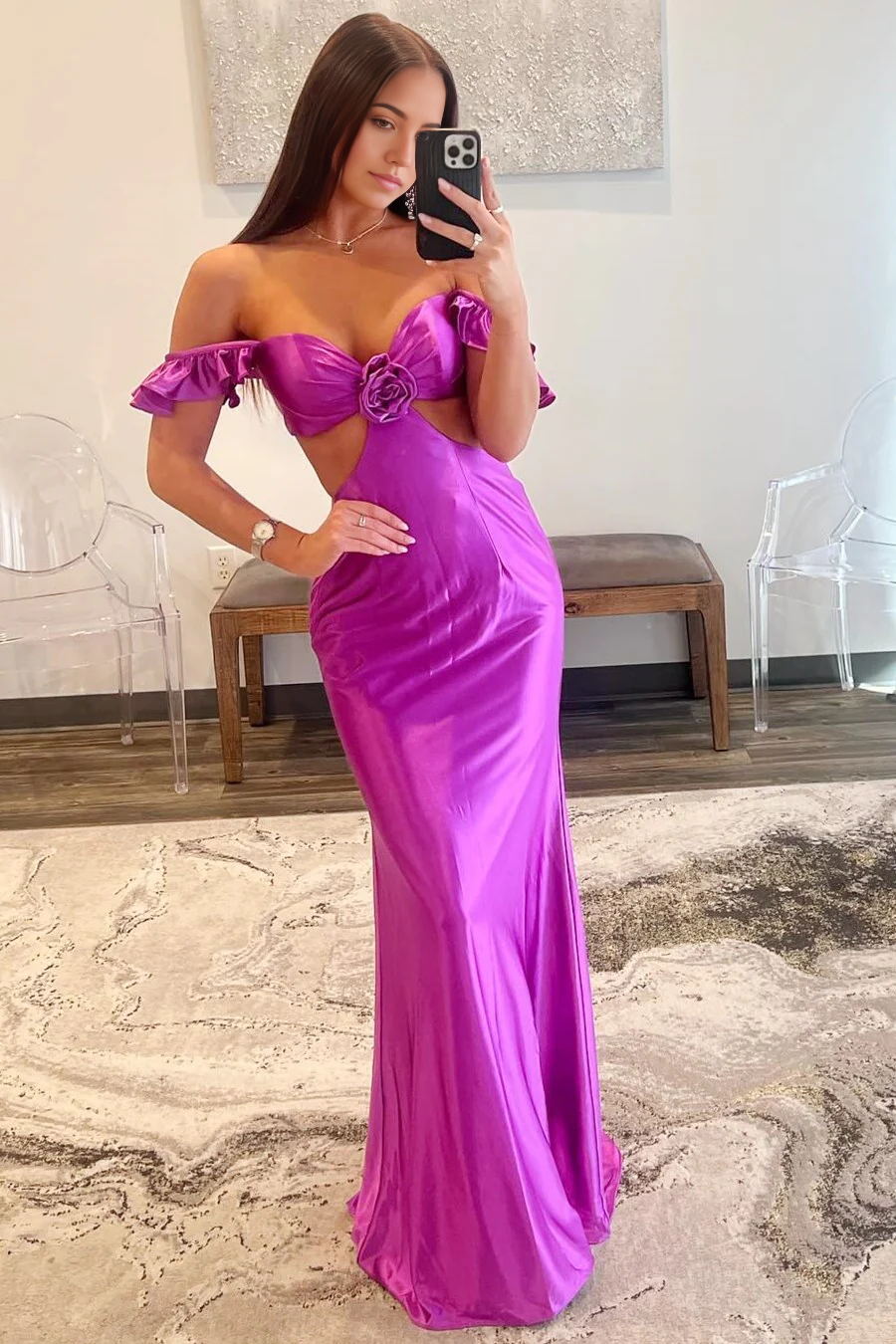 Mermaid Sleeve Cutout flower Backless formal dresses evening gown Prom Dress